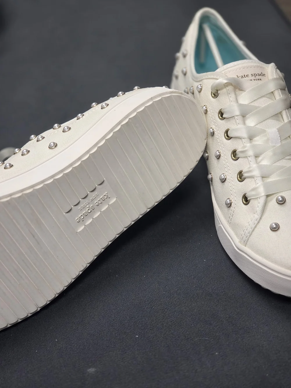 kate spade White Pearl-Studded Canvas Sneakers